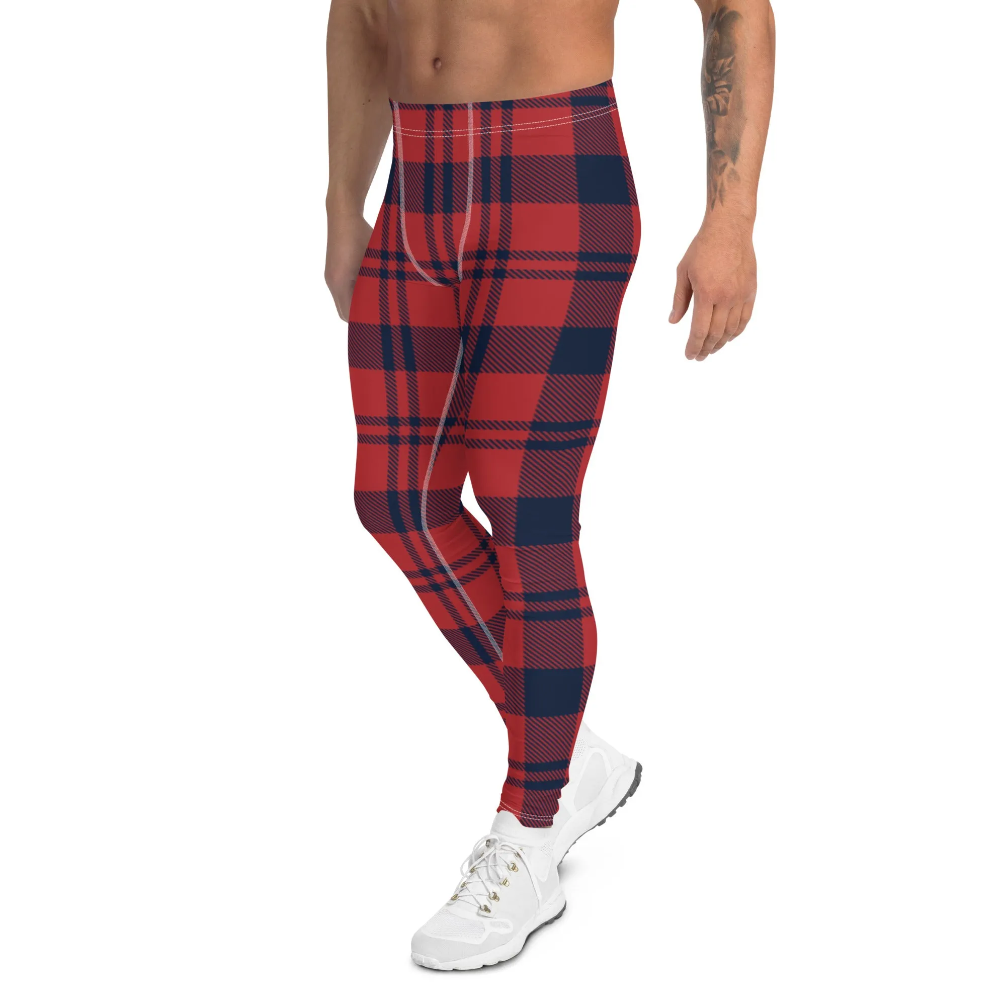 Red Plaid Print Men's Leggings, Plaid Print Classic Designer Men's Leggings - Made in USA/EU/MX