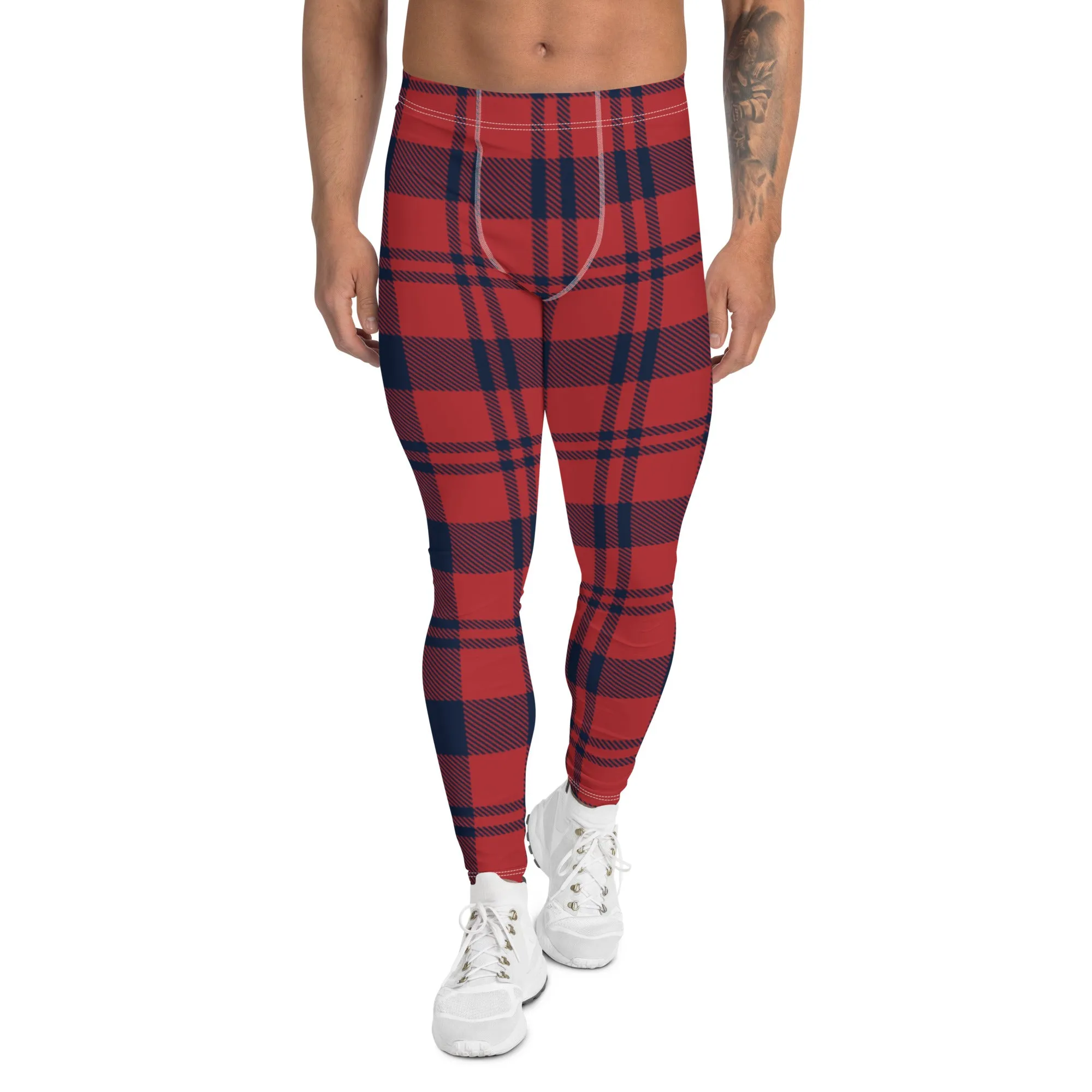 Red Plaid Print Men's Leggings, Plaid Print Classic Designer Men's Leggings - Made in USA/EU/MX