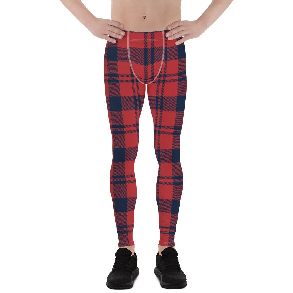 Red Plaid Print Men's Leggings, Plaid Print Classic Designer Men's Leggings - Made in USA/EU/MX