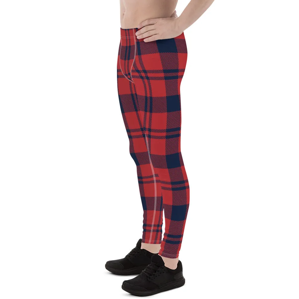 Red Plaid Print Men's Leggings, Plaid Print Classic Designer Men's Leggings - Made in USA/EU/MX