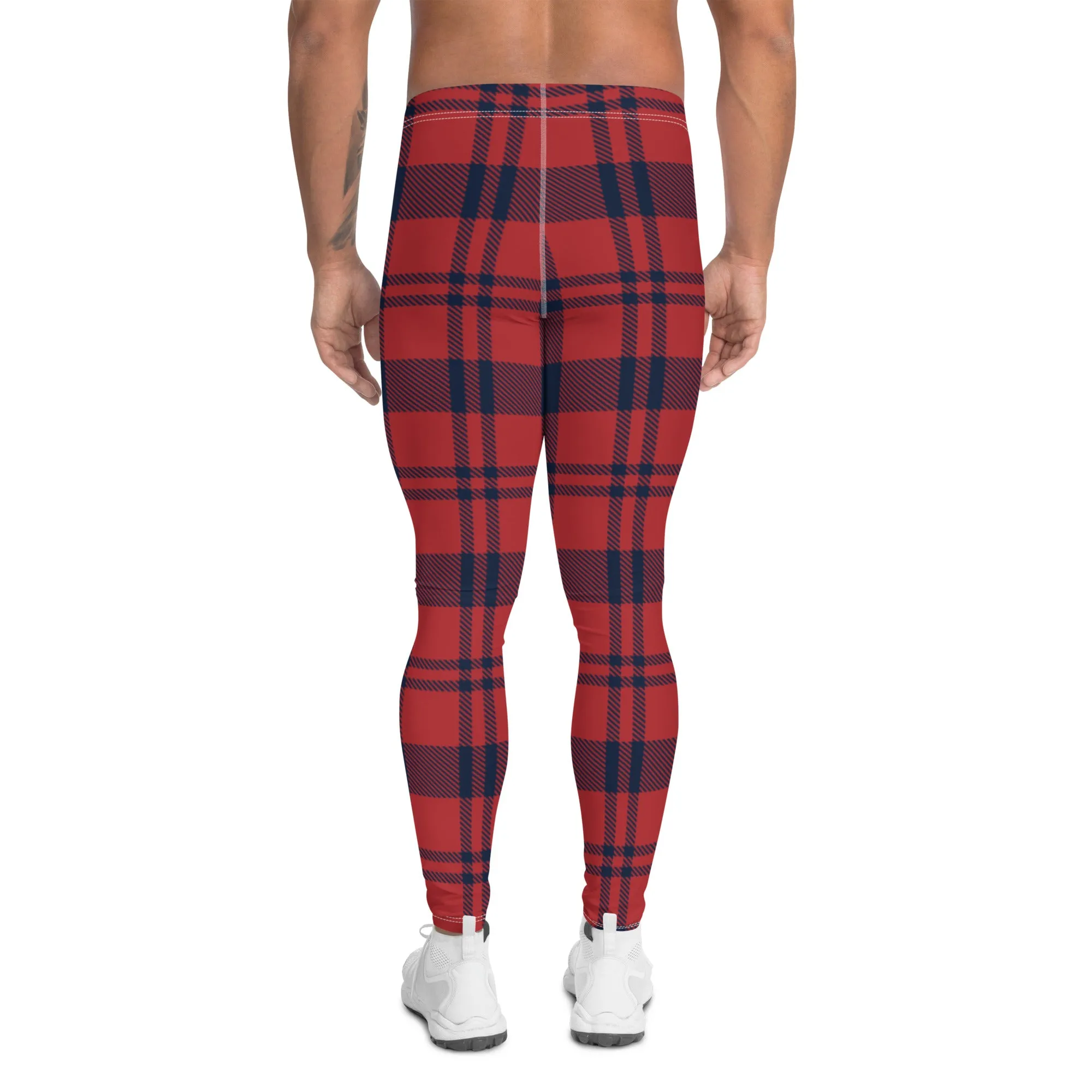 Red Plaid Print Men's Leggings, Plaid Print Classic Designer Men's Leggings - Made in USA/EU/MX