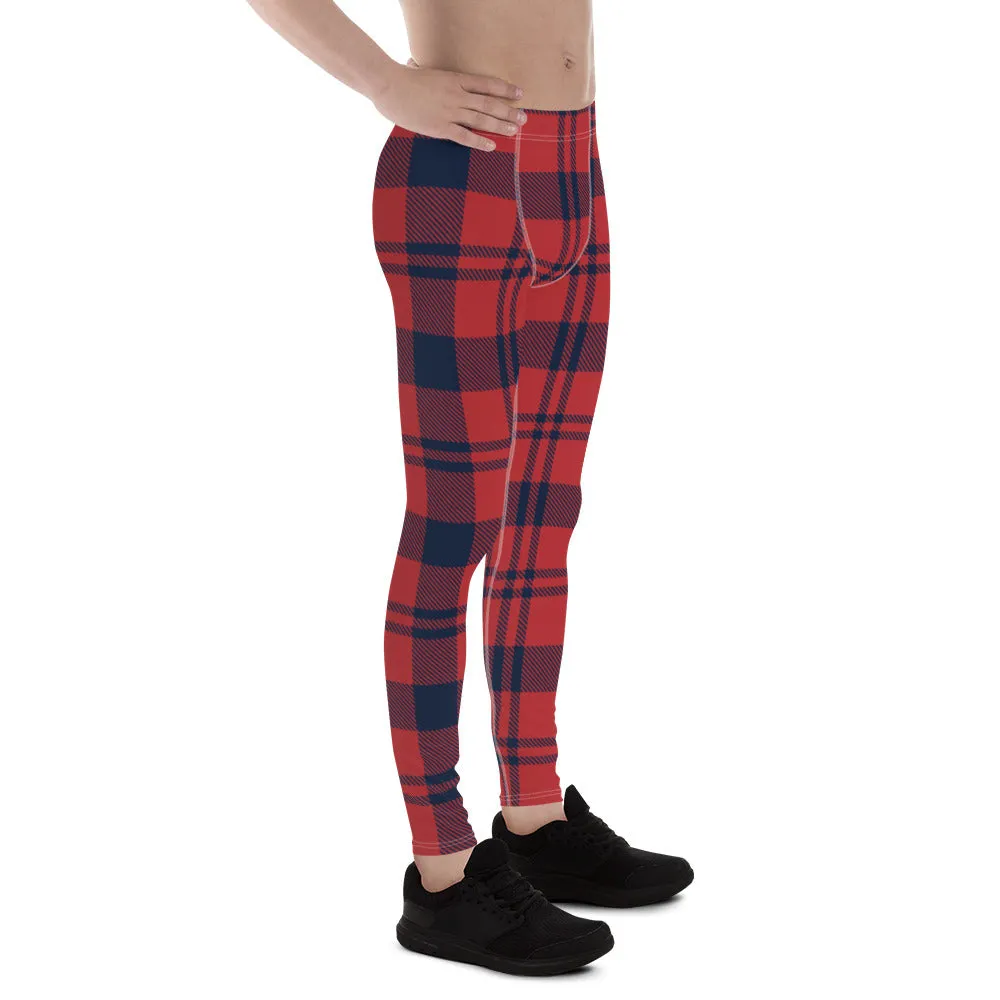 Red Plaid Print Men's Leggings, Plaid Print Classic Designer Men's Leggings - Made in USA/EU/MX