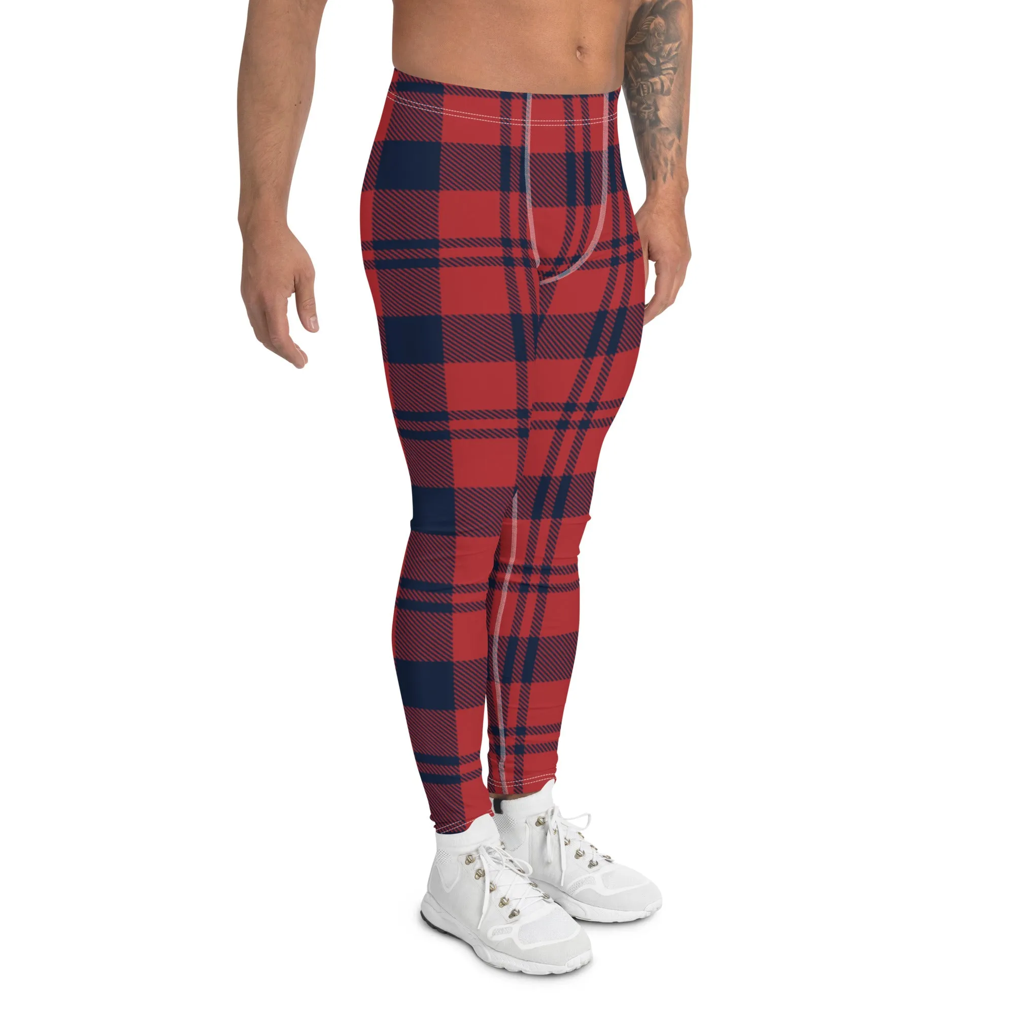 Red Plaid Print Men's Leggings, Plaid Print Classic Designer Men's Leggings - Made in USA/EU/MX