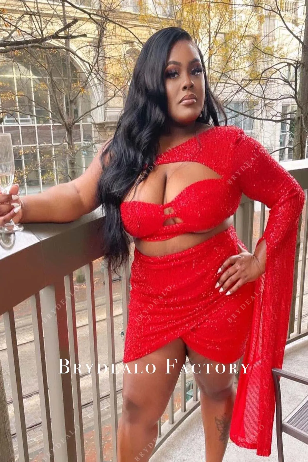 Red Sequin Asymmetrical Two-piece Plus Size Mini Prom Dress