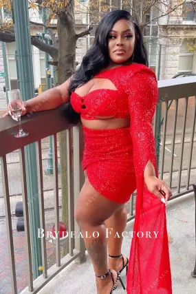 Red Sequin Asymmetrical Two-piece Plus Size Mini Prom Dress