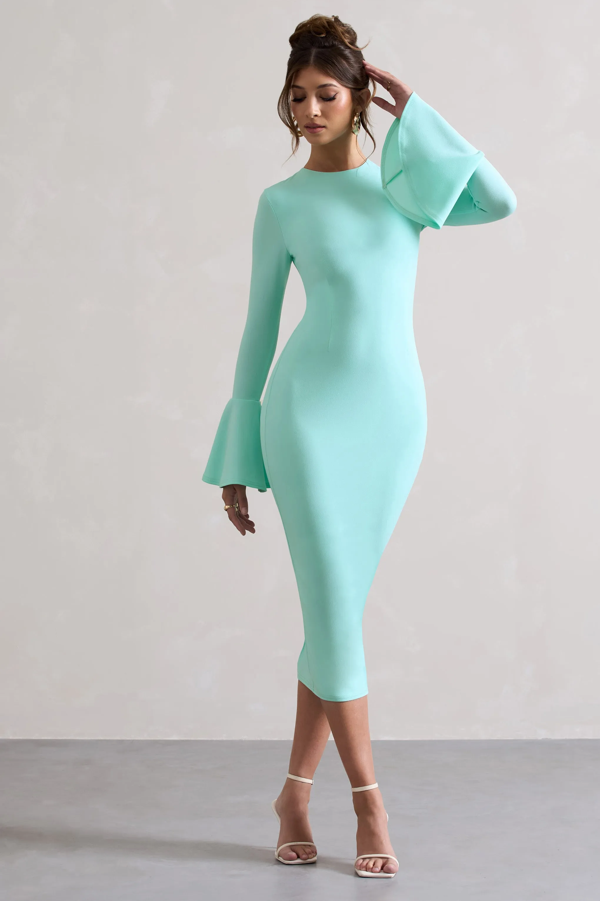 Rhyanne | Mint Bodycon Flared-Sleeve Midi Dress