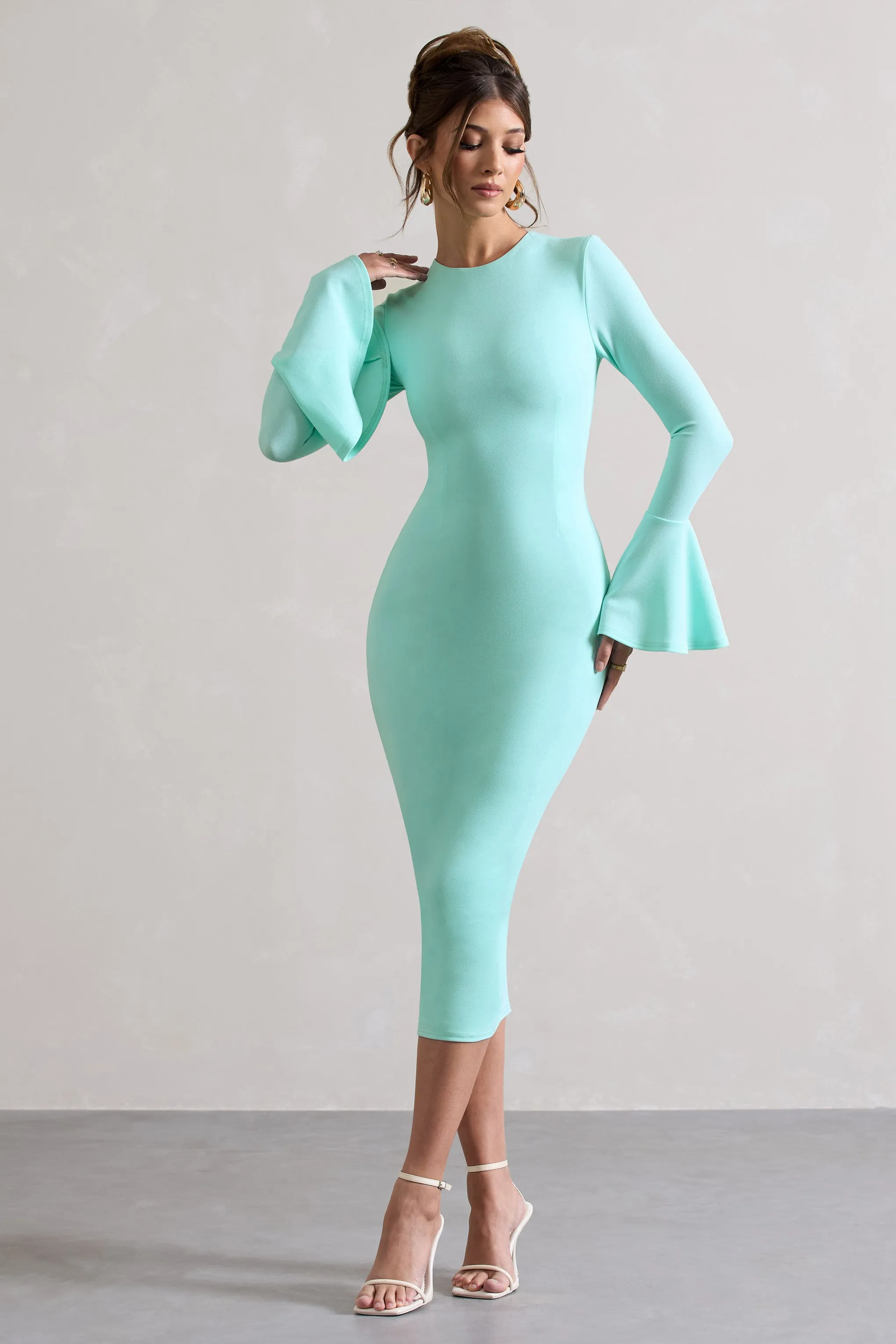 Rhyanne | Mint Bodycon Flared-Sleeve Midi Dress