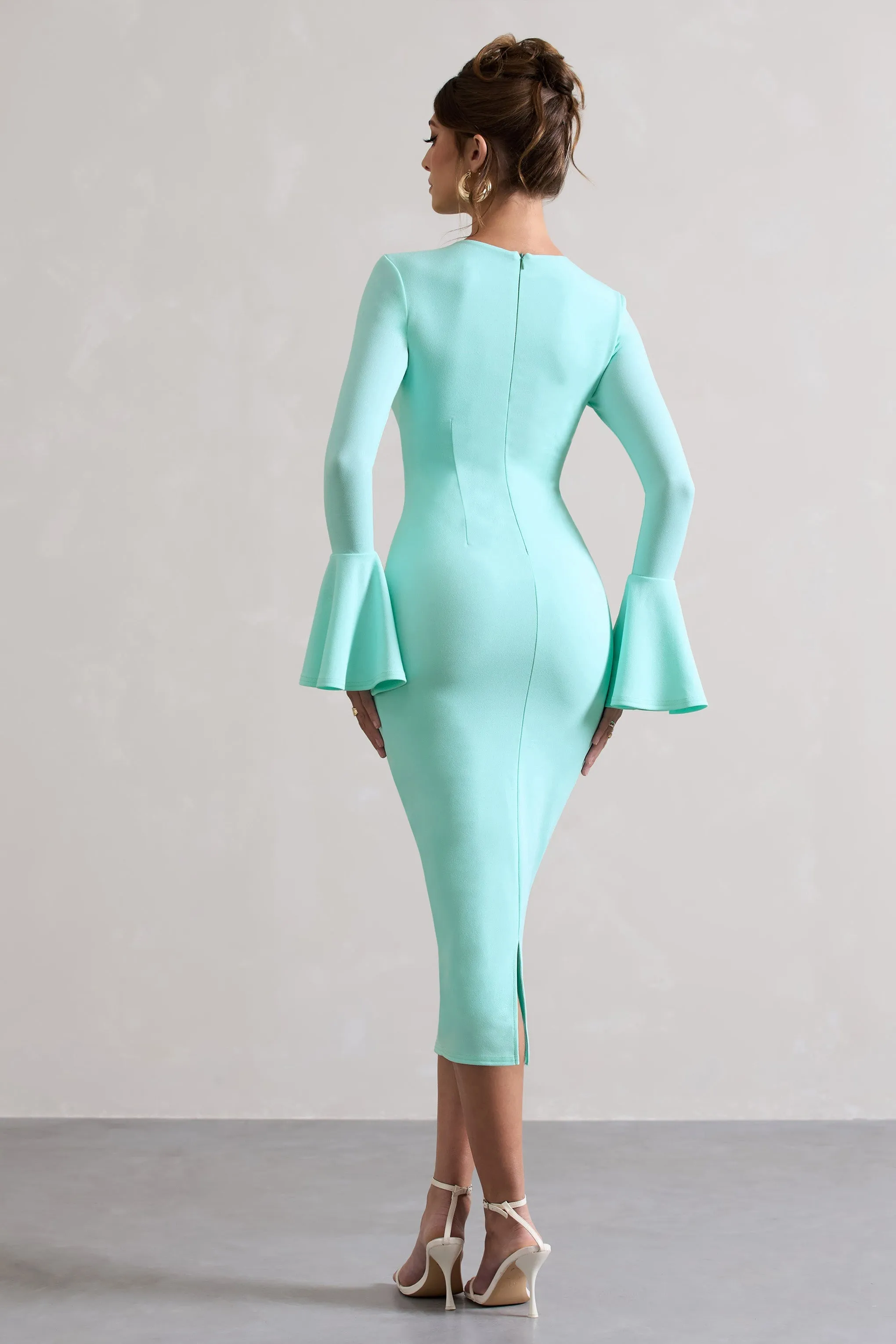 Rhyanne | Mint Bodycon Flared-Sleeve Midi Dress