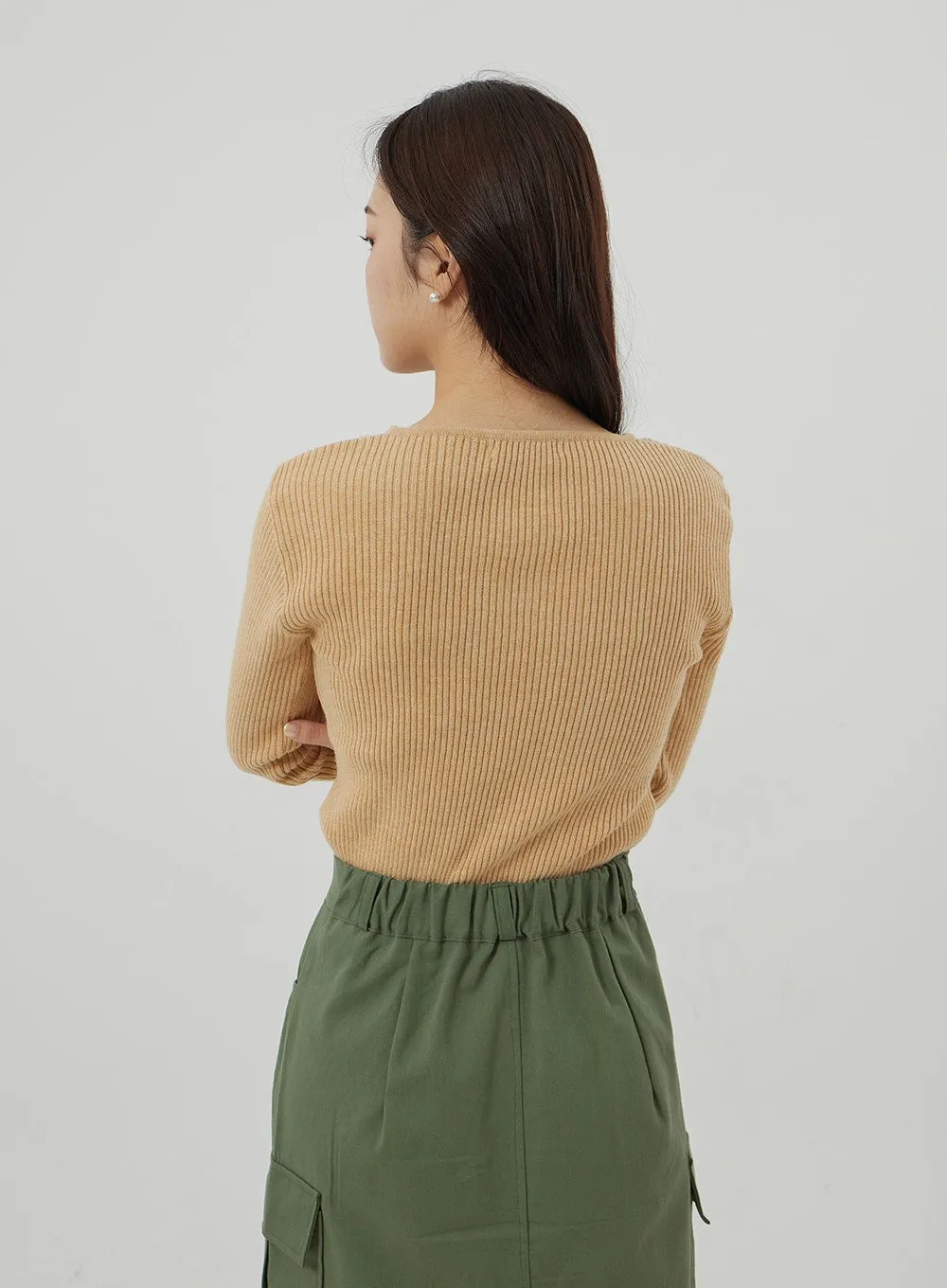 Ribbed Knit V-Neck Top OJ325