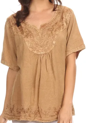 Sakkas Isabeli Leaf Embroidered Blouse Top Shirt With Cap Sleeves And Wide Neck