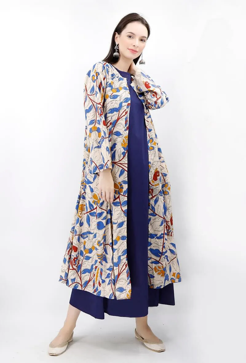 Set of 2 - Kalamkari Cape with Maxi Dress in Blue & Beige