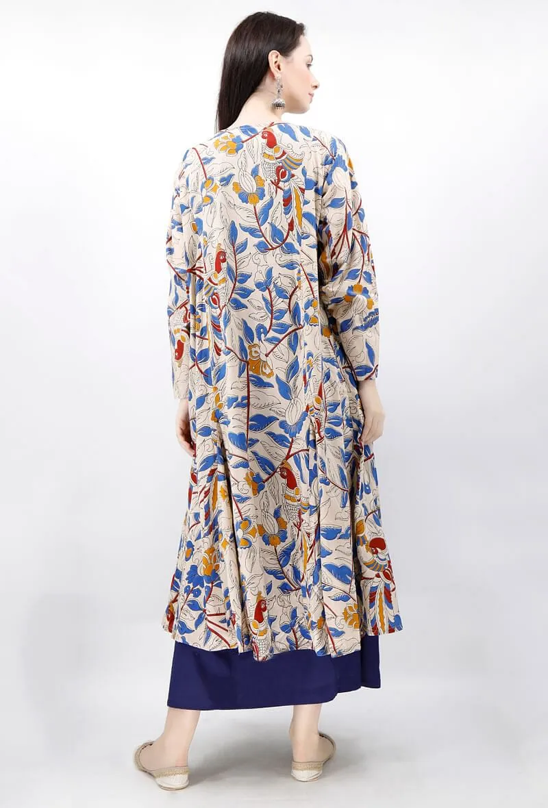 Set of 2 - Kalamkari Cape with Maxi Dress in Blue & Beige