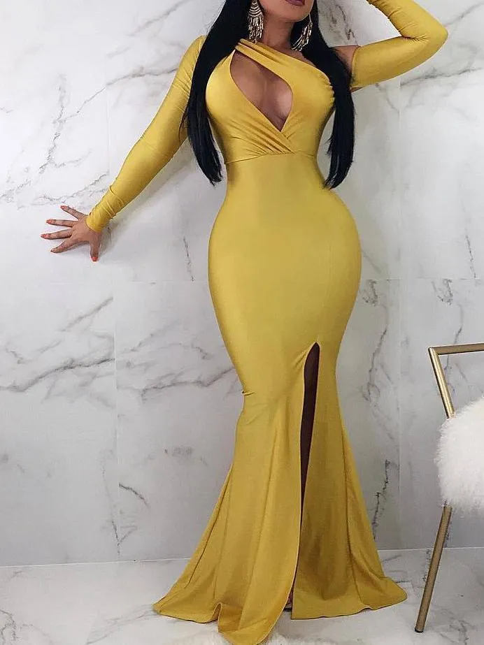 Sexy Long Sleeve Split Bodycon Evening Maxi Dress