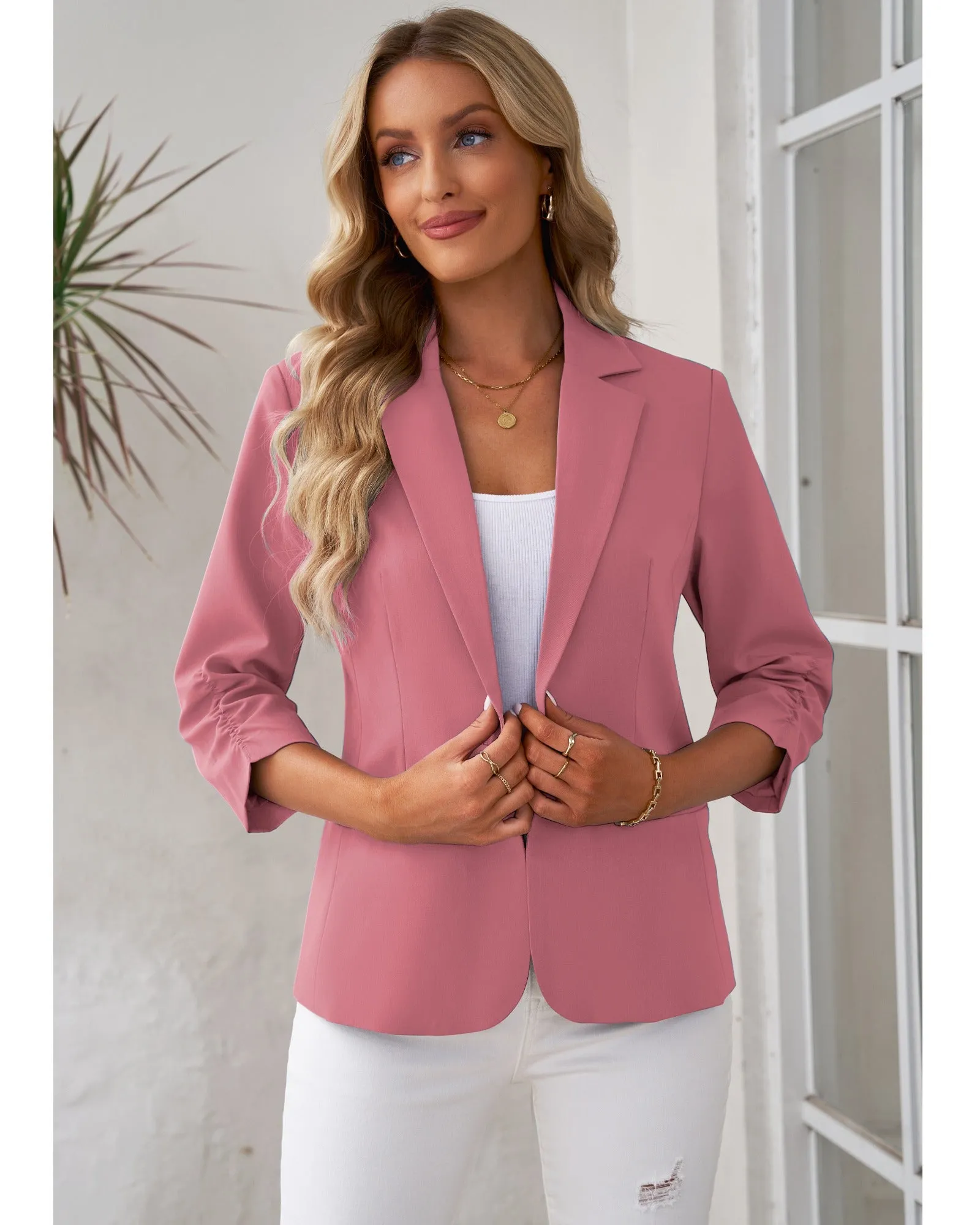 Slate Rose Women's Crop Sleeves Side Pockets Front Button Short Work Office Blazer Coats