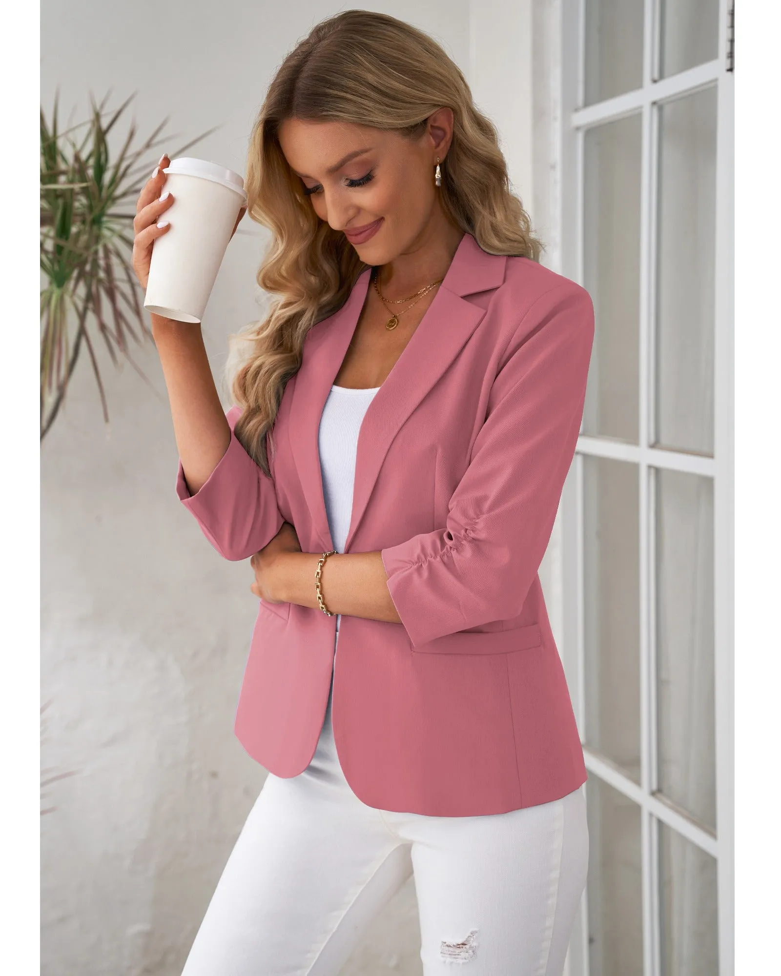 Slate Rose Women's Crop Sleeves Side Pockets Front Button Short Work Office Blazer Coats