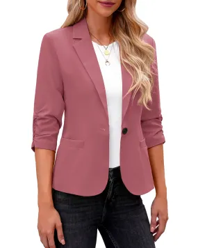 Slate Rose Women's Crop Sleeves Side Pockets Front Button Short Work Office Blazer Coats