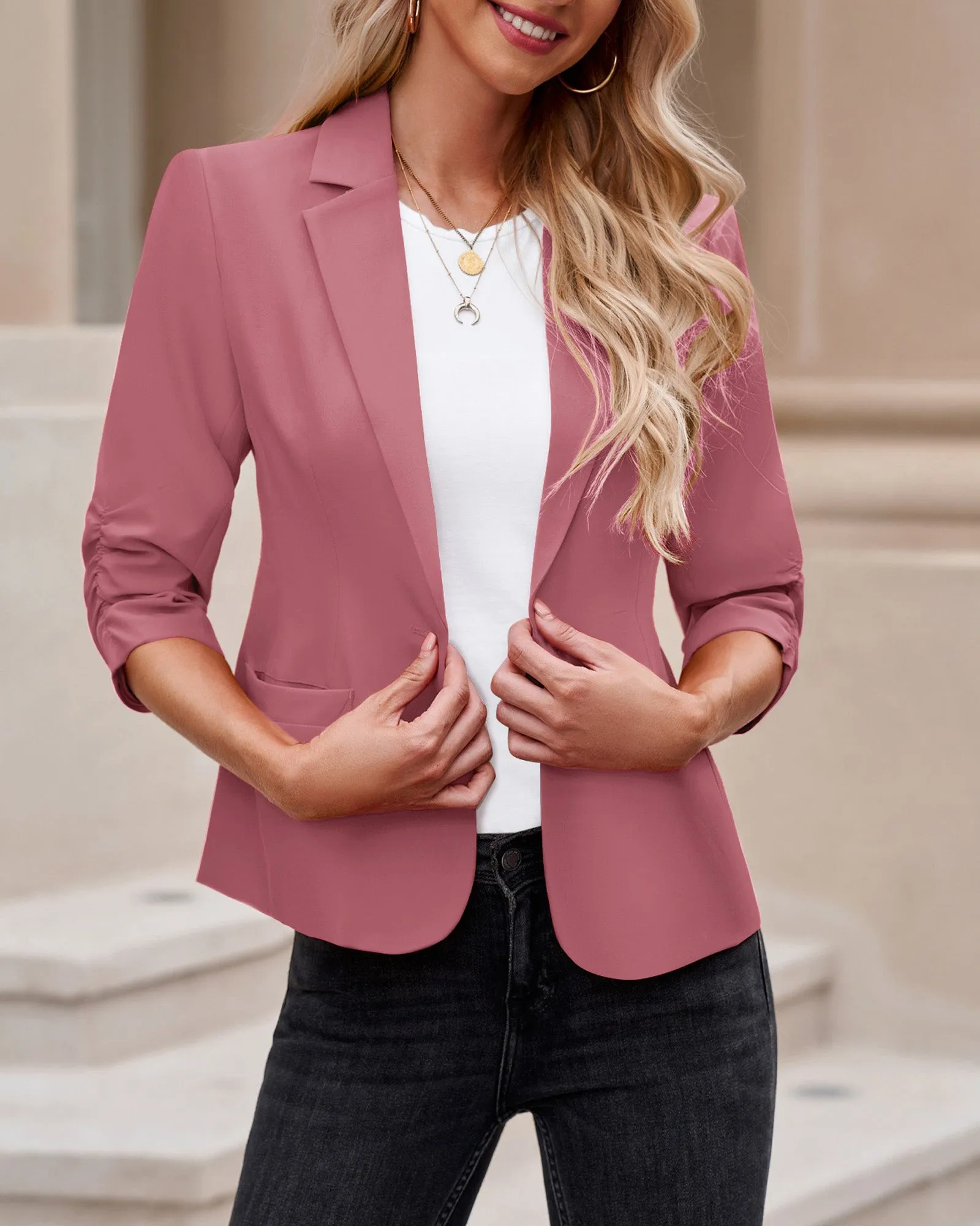 Slate Rose Women's Crop Sleeves Side Pockets Front Button Short Work Office Blazer Coats