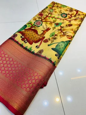 Sophisticated Beige Kalamkari Printed Saree With Glorious Blouse Piece