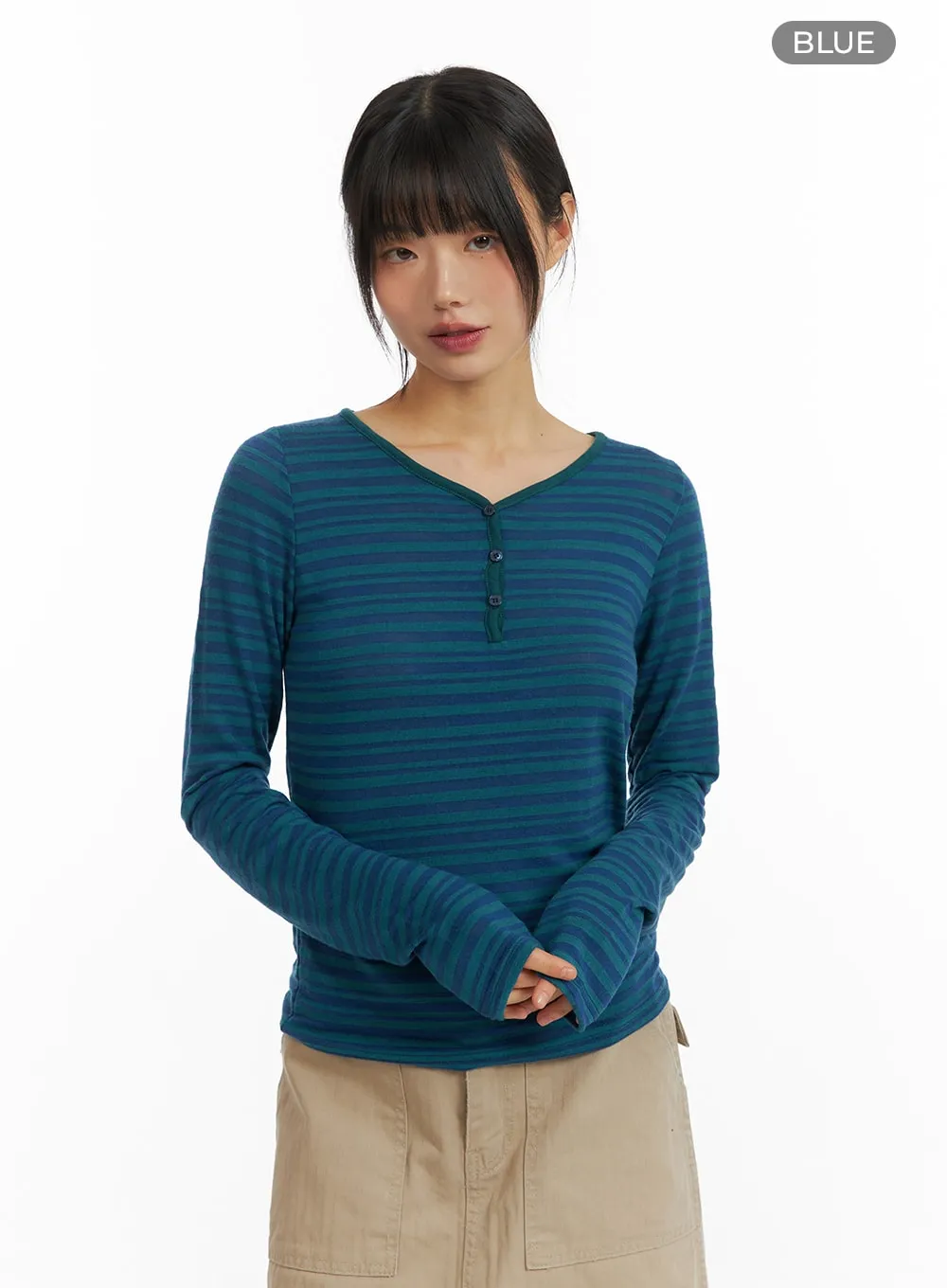 Stripe Buttoned V-Neck Long Sleeve CM413