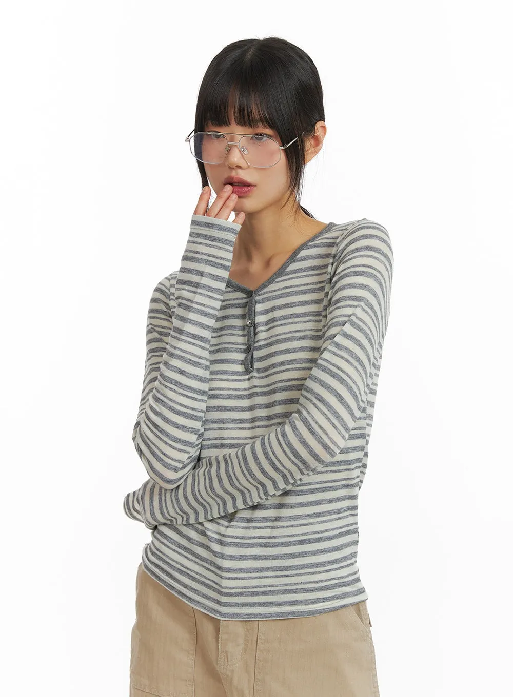 Stripe Buttoned V-Neck Long Sleeve CM413