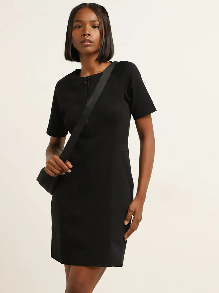 Studiofit Black Ribbed Bodycon Cotton Blend Dress