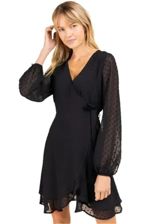 TEEK - Black Sheer Sleeve Double Layer Wrap Dress