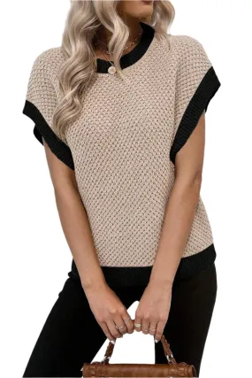 TEEK - Khaki Contrast Round Neck Cap Sleeve Knit Top