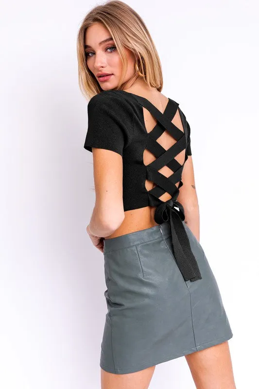 TEEK - Short Sleeve Criss Cross Back Knit Top