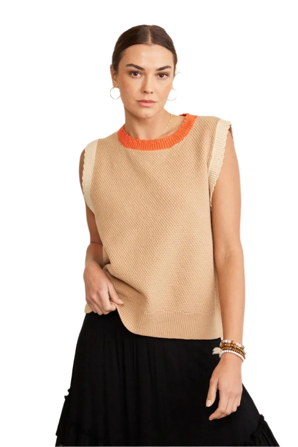 TEEK - Taupe Multi Contrast Round Neck Knit Top