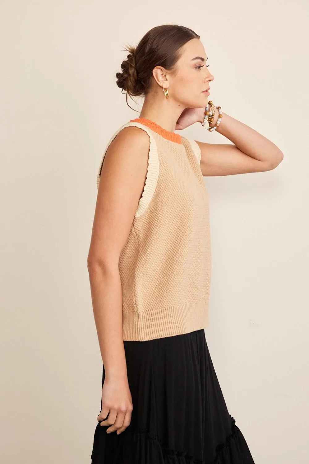 TEEK - Taupe Multi Contrast Round Neck Knit Top