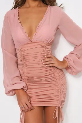 Tia Pink Chiffon Ruched Long Sleeve Bodycon Dress