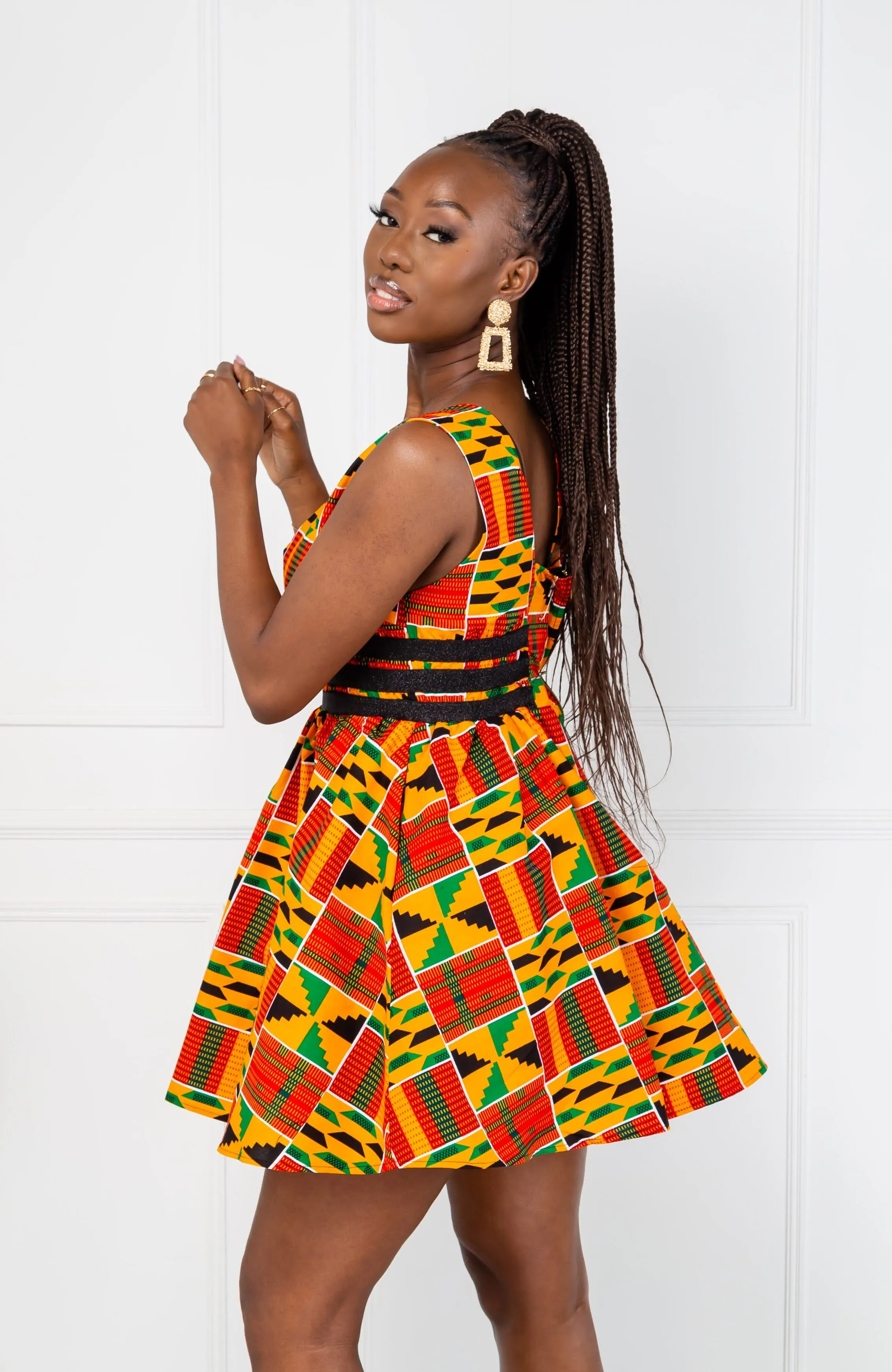 Traditional Kente African Print Plunge Neckline Mini Dress - KENYA