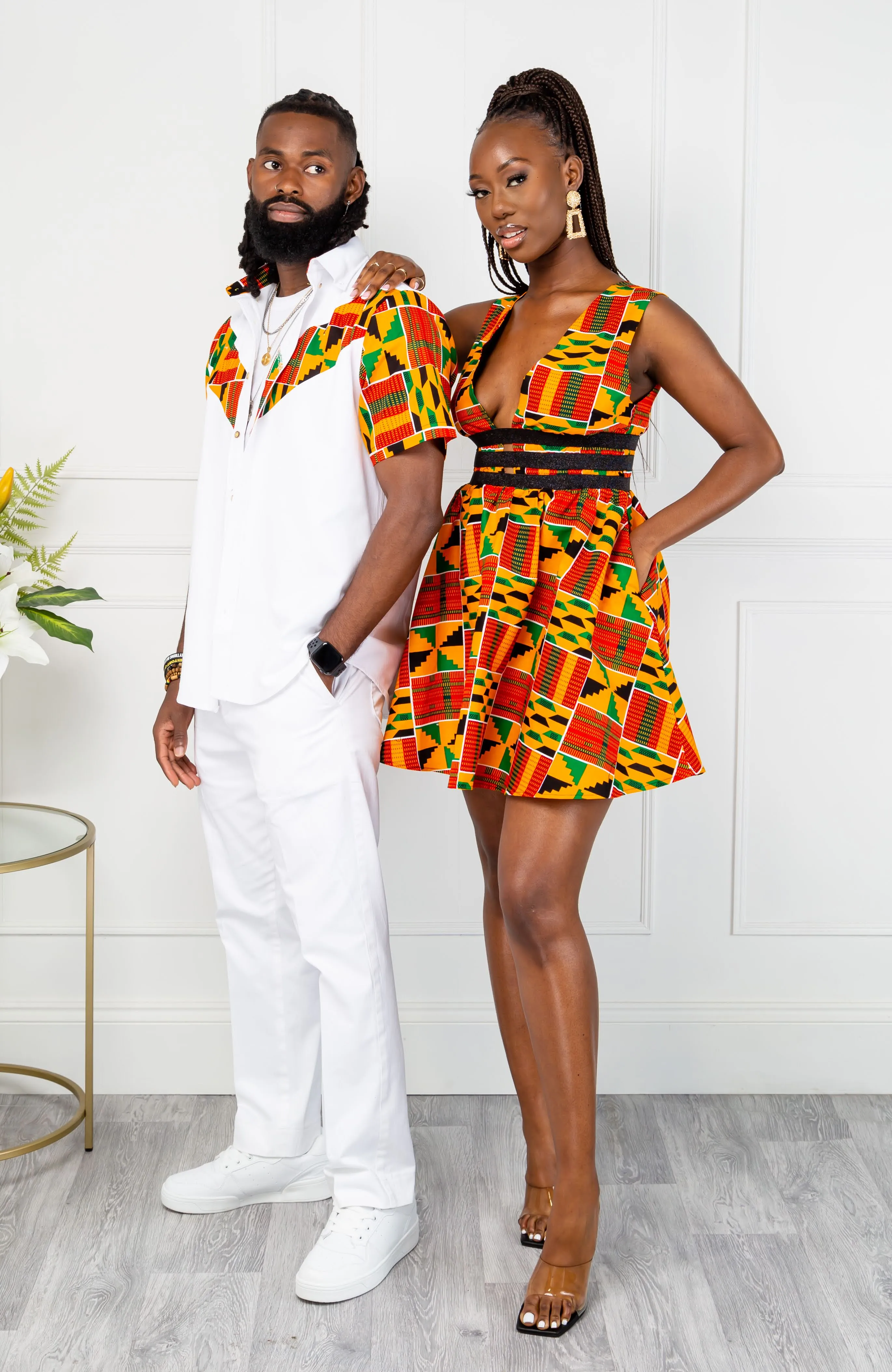 Traditional Kente African Print Plunge Neckline Mini Dress - KENYA