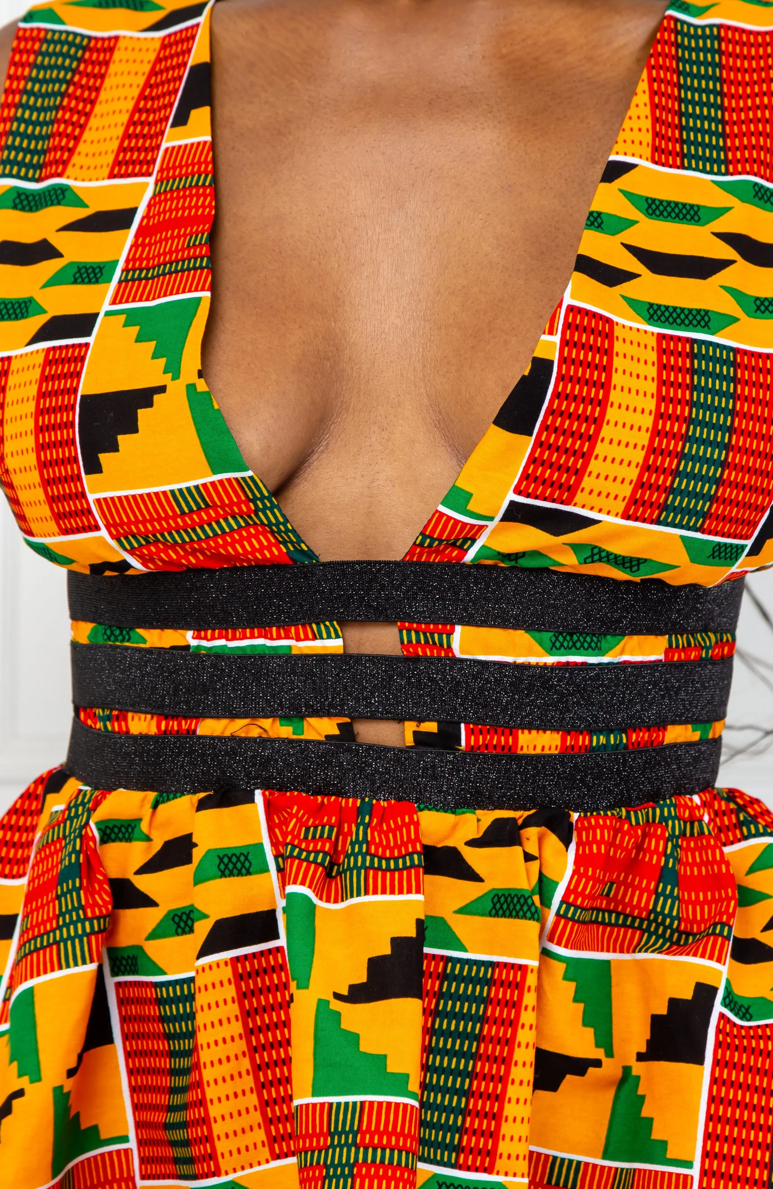 Traditional Kente African Print Plunge Neckline Mini Dress - KENYA