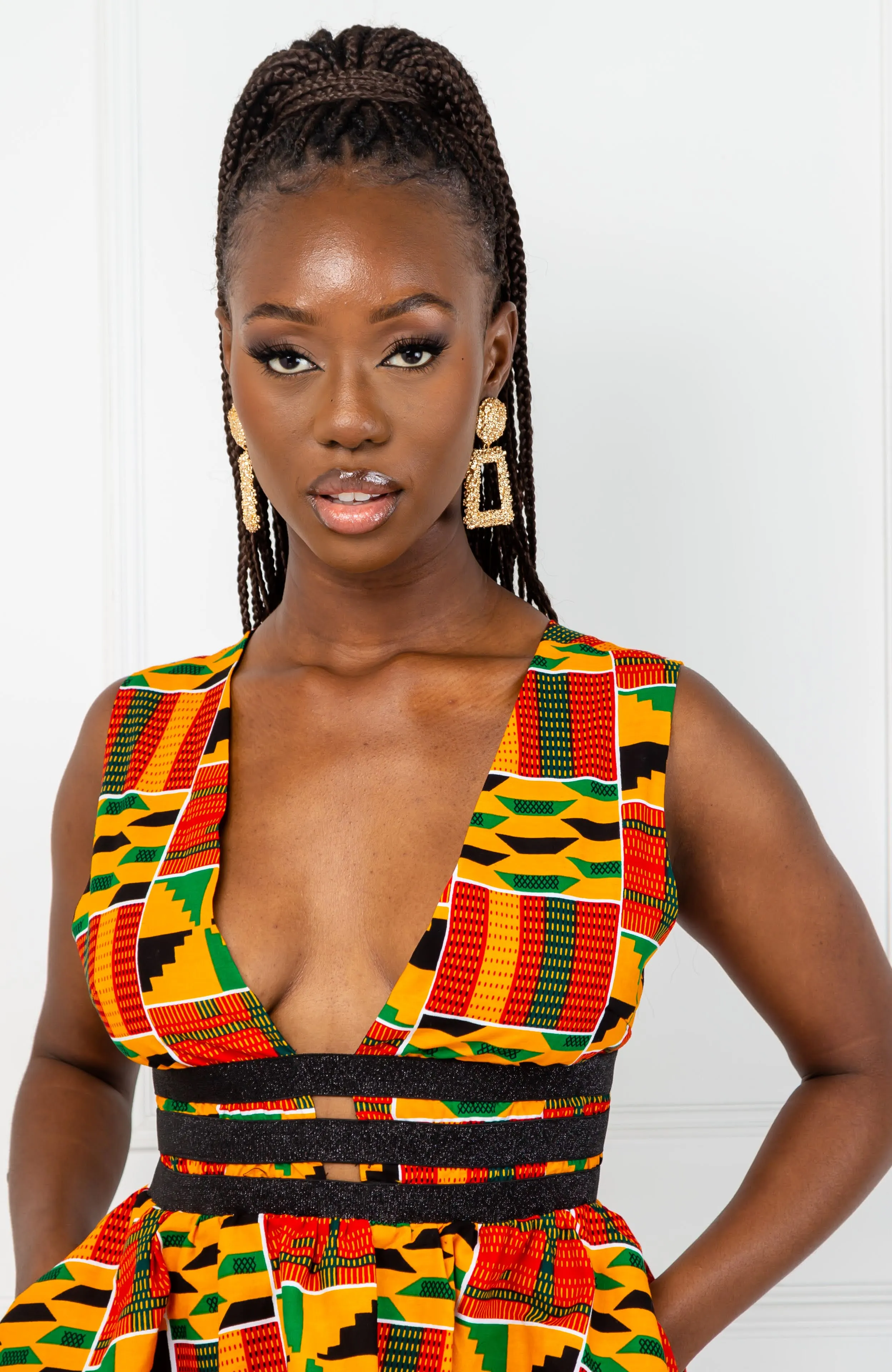 Traditional Kente African Print Plunge Neckline Mini Dress - KENYA