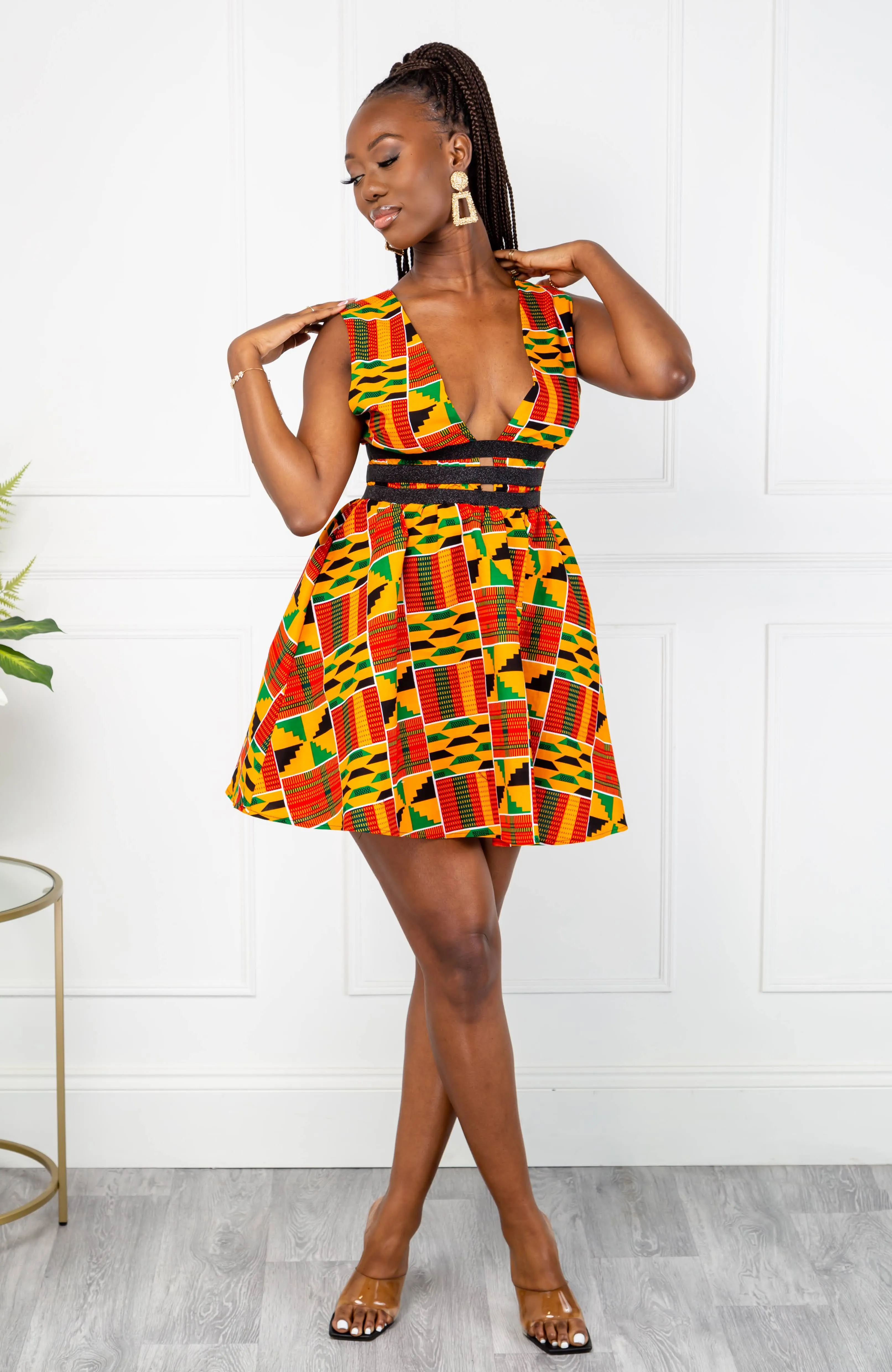 Traditional Kente African Print Plunge Neckline Mini Dress - KENYA