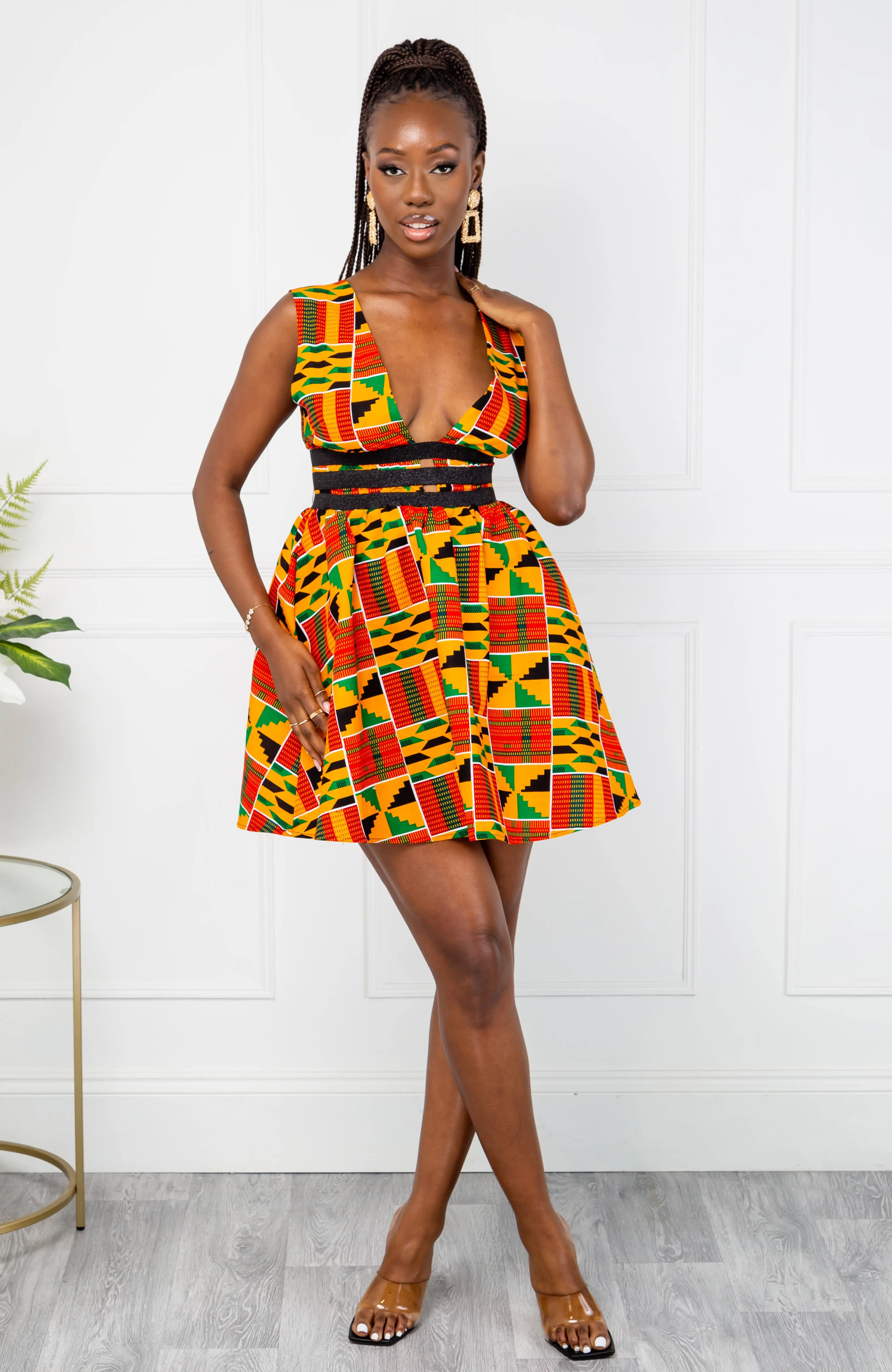 Traditional Kente African Print Plunge Neckline Mini Dress - KENYA