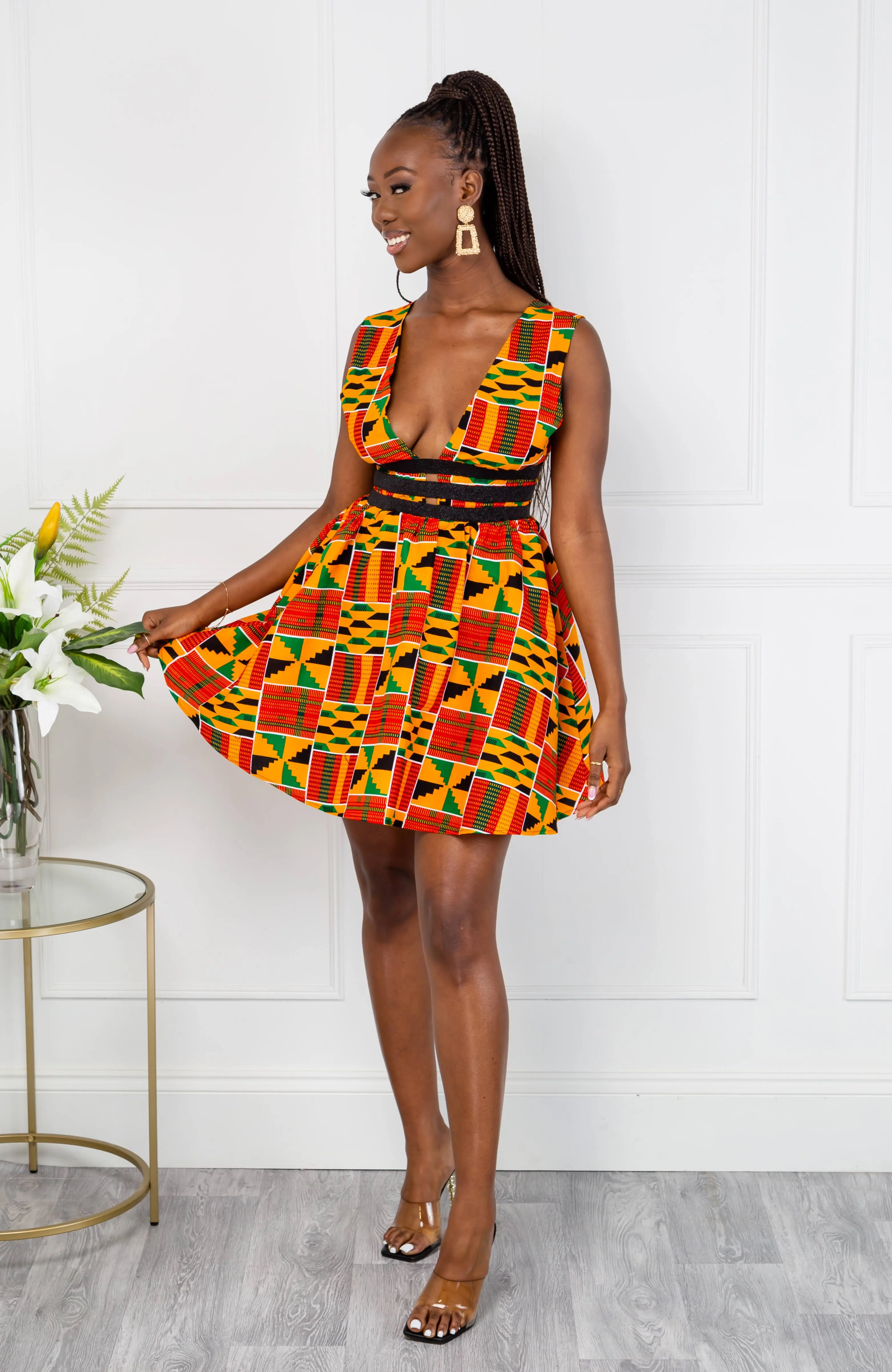 Traditional Kente African Print Plunge Neckline Mini Dress - KENYA