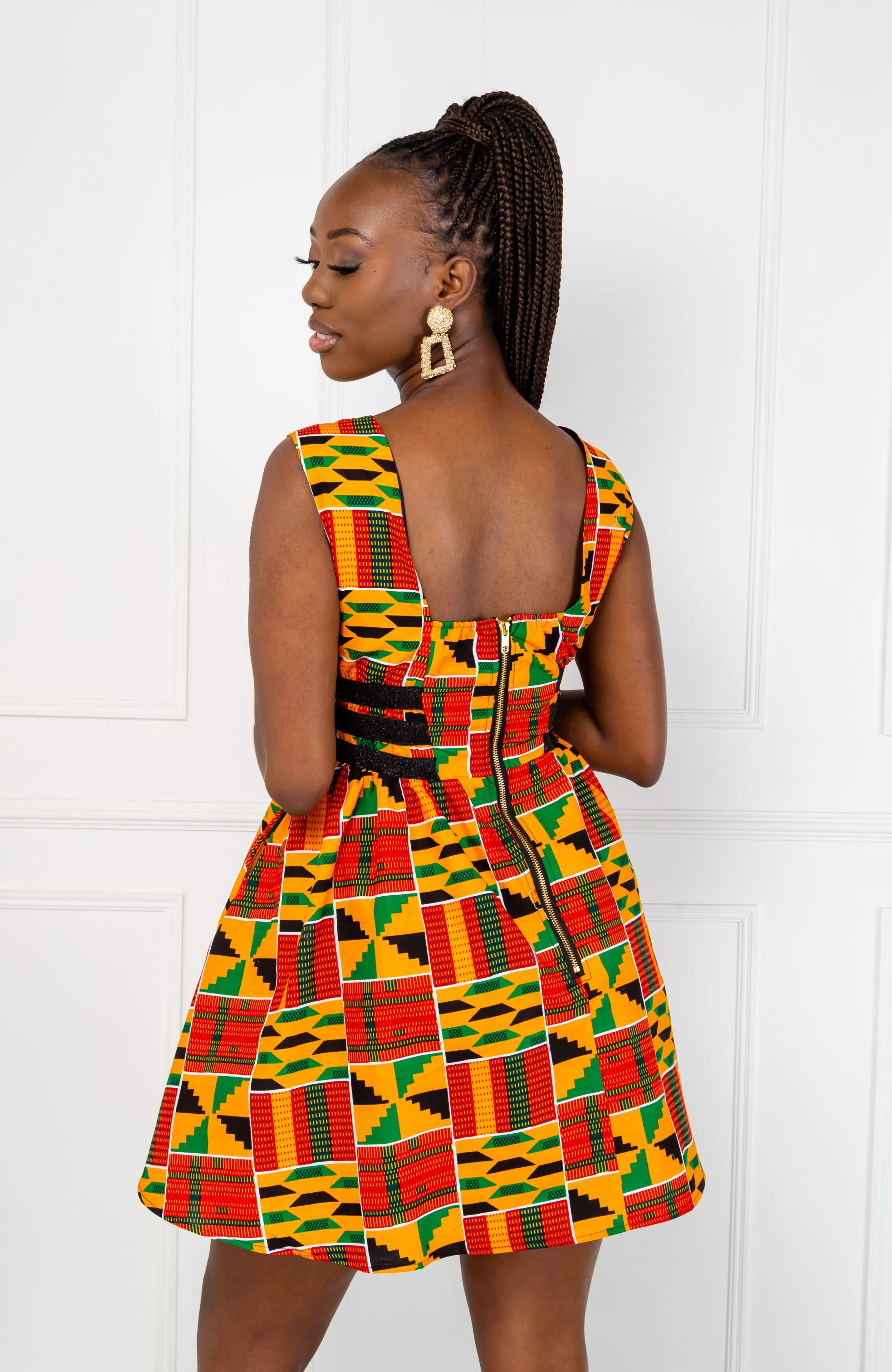 Traditional Kente African Print Plunge Neckline Mini Dress - KENYA