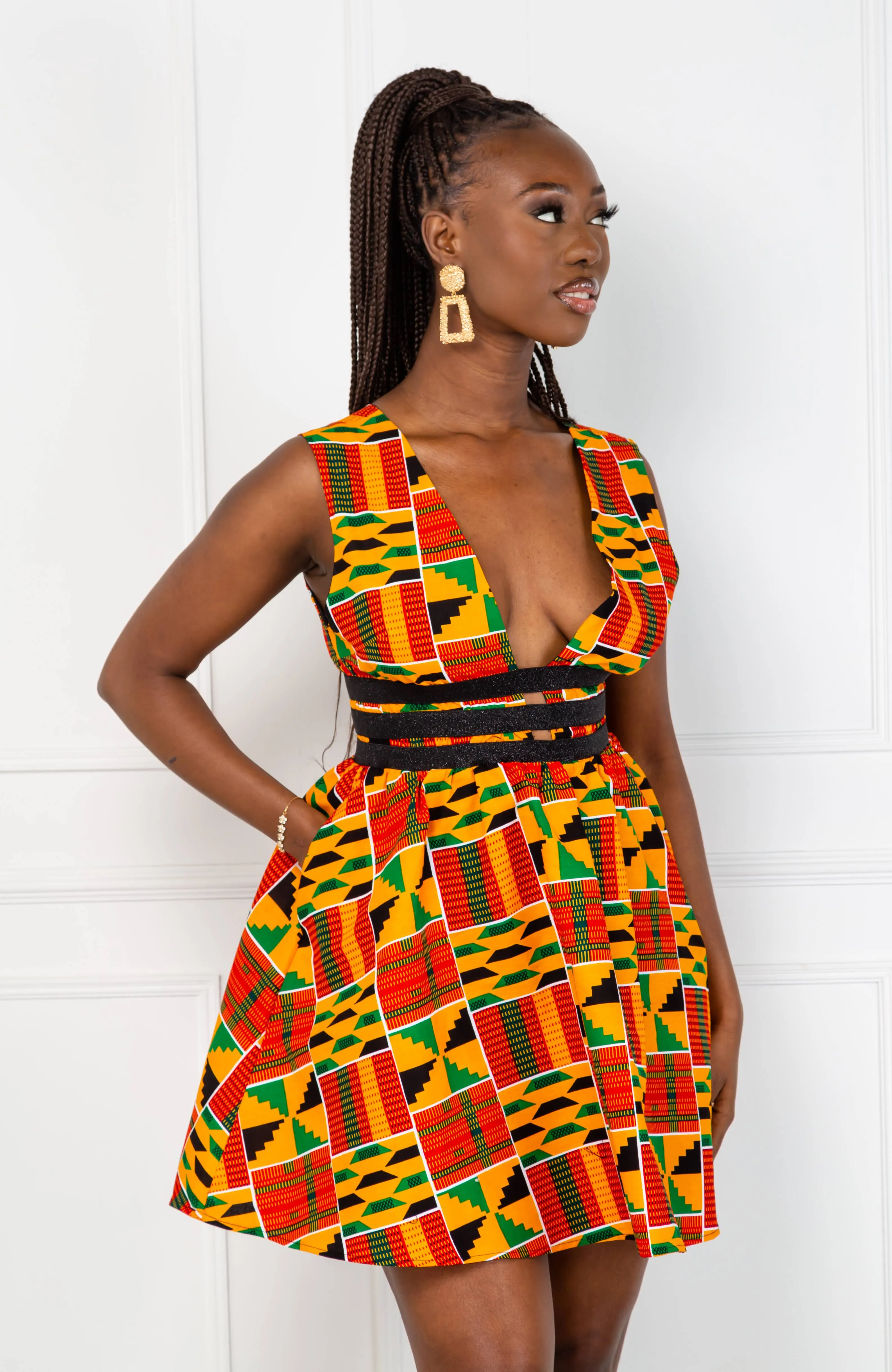 Traditional Kente African Print Plunge Neckline Mini Dress - KENYA