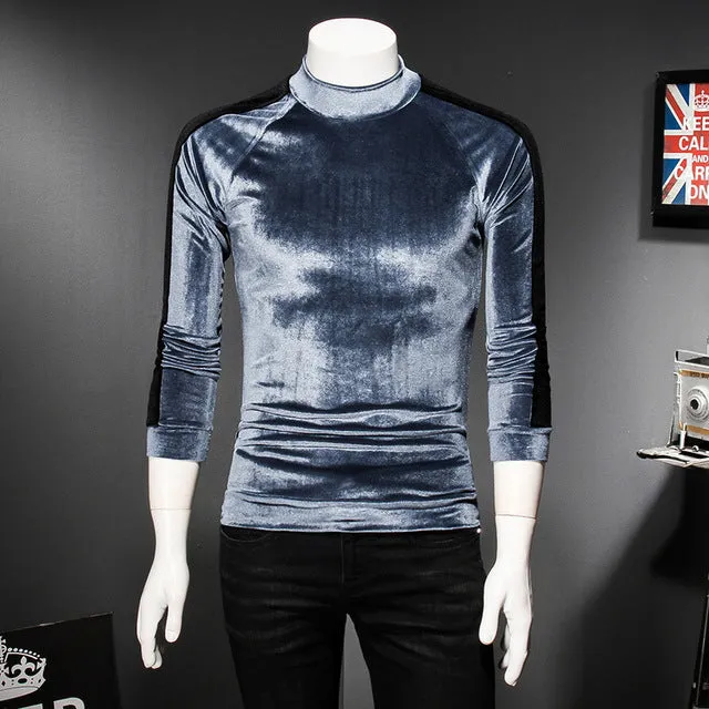 Turtleneck Men Winter Stripe Sleeve Velvet Sweater