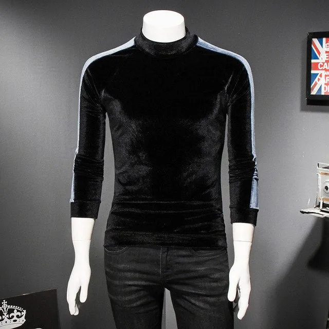 Turtleneck Men Winter Stripe Sleeve Velvet Sweater