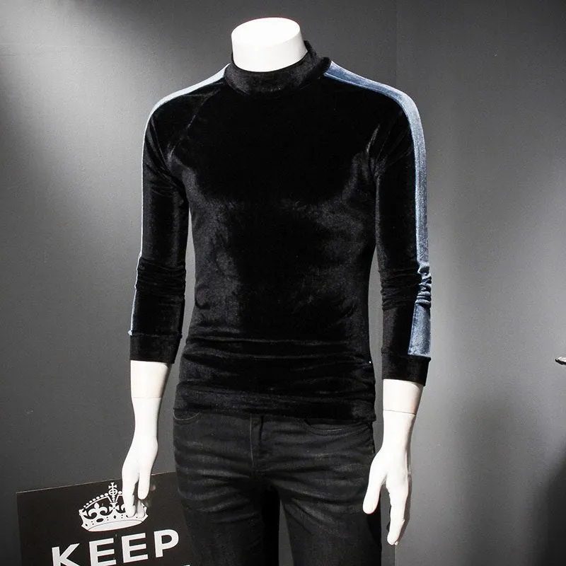 Turtleneck Men Winter Stripe Sleeve Velvet Sweater