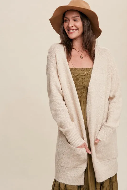 Two Pocket Open-Front Long Knit Cardigan // Natural or Olive