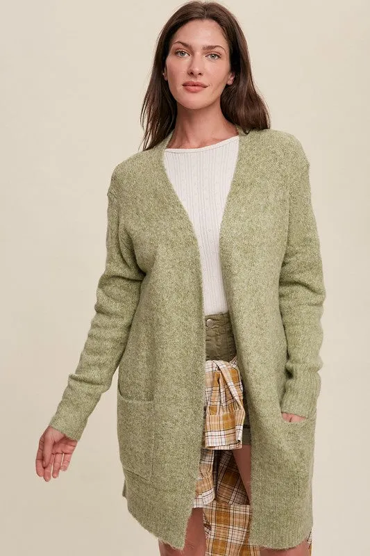 Two Pocket Open-Front Long Knit Cardigan // Natural or Olive