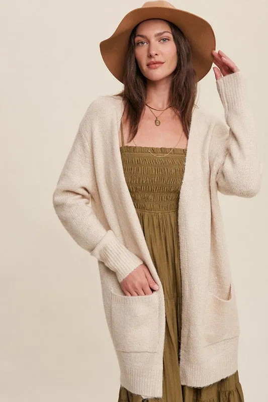 Two Pocket Open-Front Long Knit Cardigan