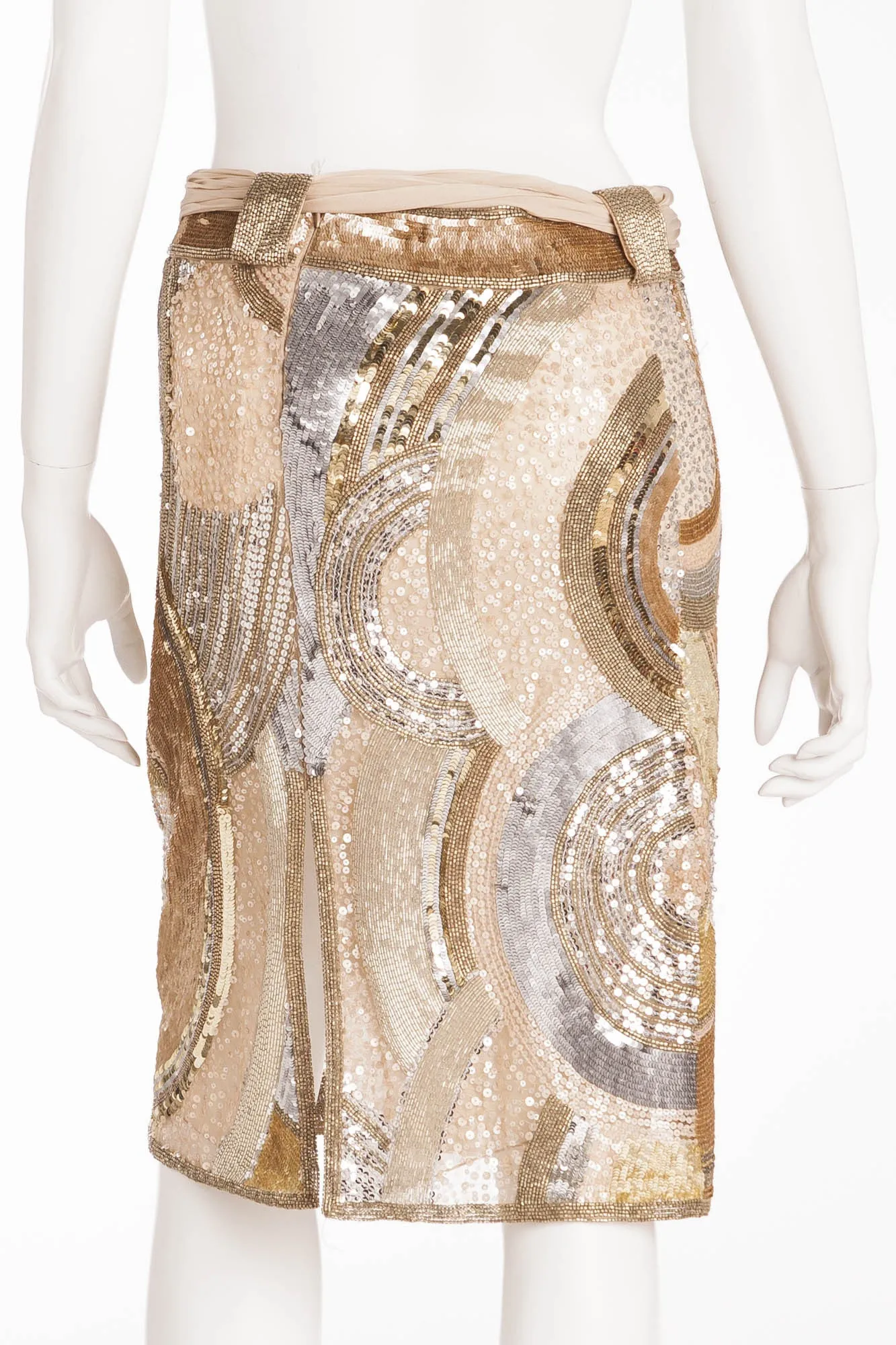 Valentino - IT 40 ,New Cream, Gold and Silver Sequin Pencil Skirt with Chiffon Belt -