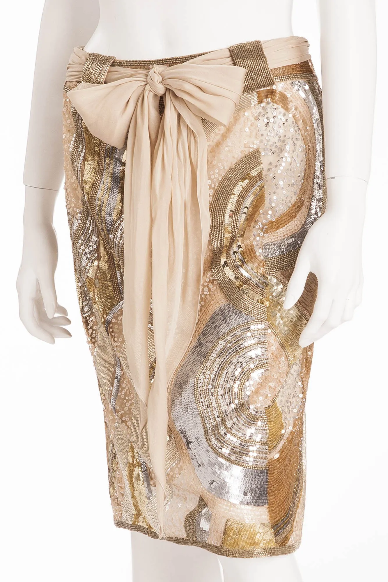 Valentino - IT 40 ,New Cream, Gold and Silver Sequin Pencil Skirt with Chiffon Belt -