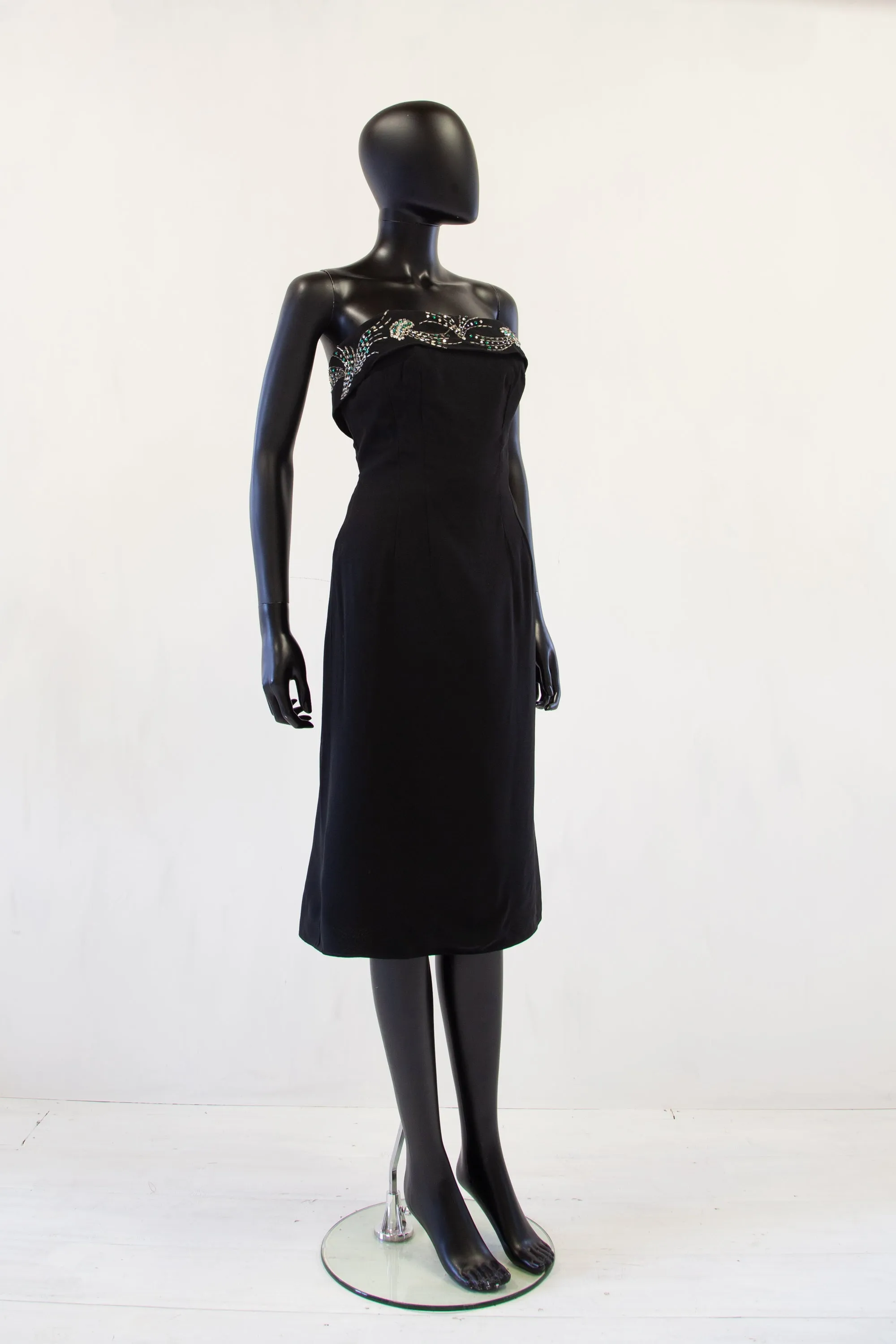 Vintage 1950s Black Strapless Rhinestone Wiggle Dress