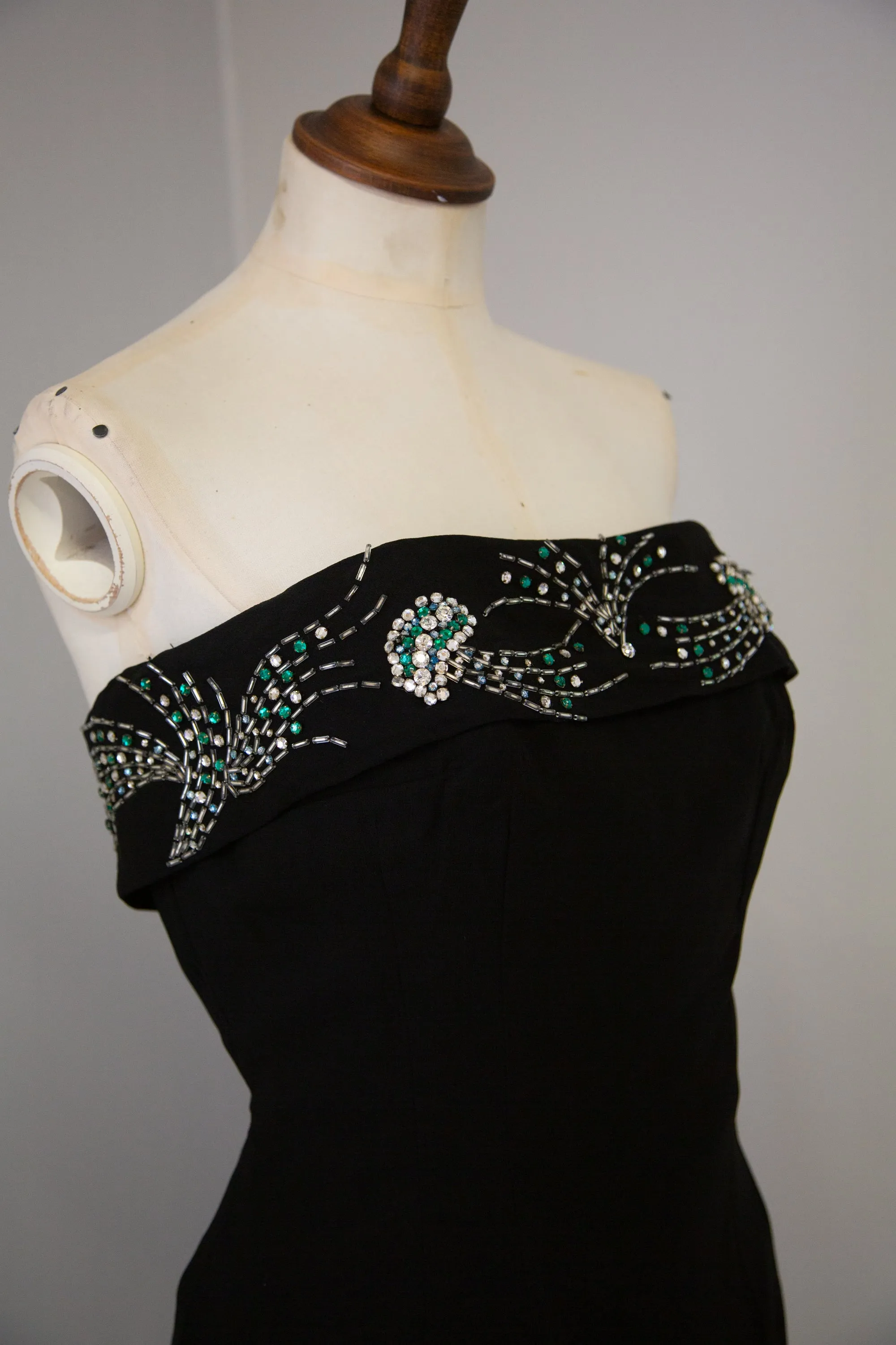 Vintage 1950s Black Strapless Rhinestone Wiggle Dress